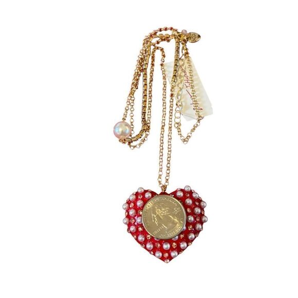 Adorable Large Red Enamel & Faux Pearl Heart Pendant Necklace - Picture 7 of 9